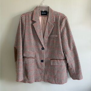Ebossy Brown Plaid Tailored Blazer with Elbow Patches